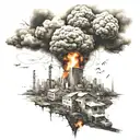 Tattoo depicting a landscape of chaos, like a city apparently hit by a nuclear explosion, bodies on fire. tattoo design idea
