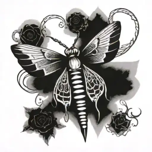 A dark and eerie tattoo of a moth with death-themed symbols integrated into the design tattoo design idea