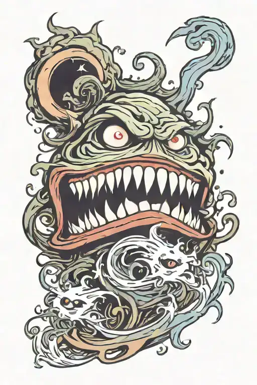 evil smiling mouth, spirit, ghost, mist tattoo design idea