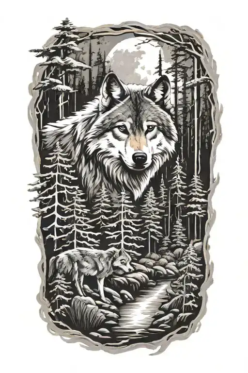 Wolf in the forest tattoo design idea