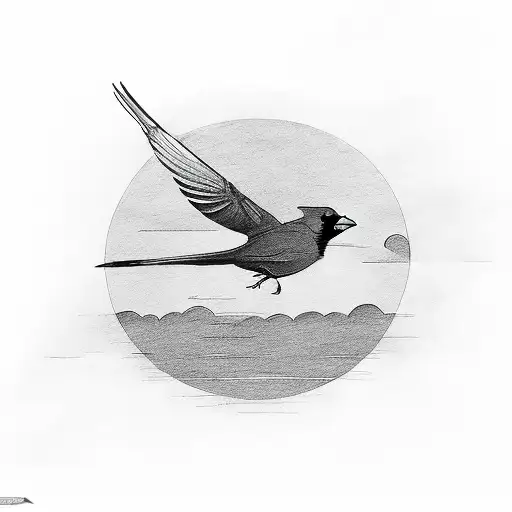 A stylish design of a cardinal flying towards the setting sun, with a sketchy outline tattoo design idea