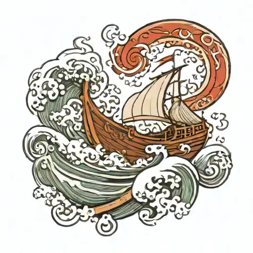 Viking boat waves crashing tattoo design idea
