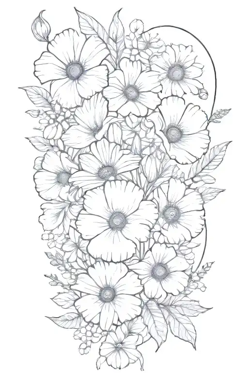 poppy,honeysuckle, larkspur, morning glory, and daisy  flower bouquet tattoo design idea