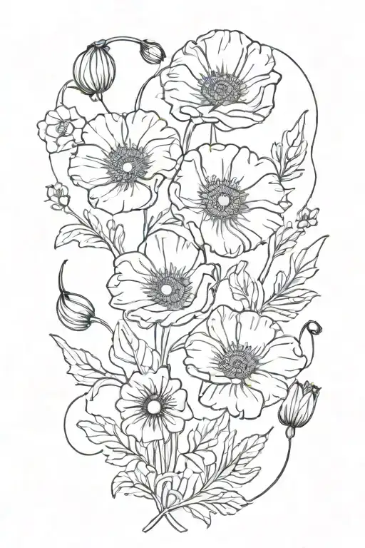 poppy,honeysuckle, larkspur, morning glory, and daisy  tattoo design idea