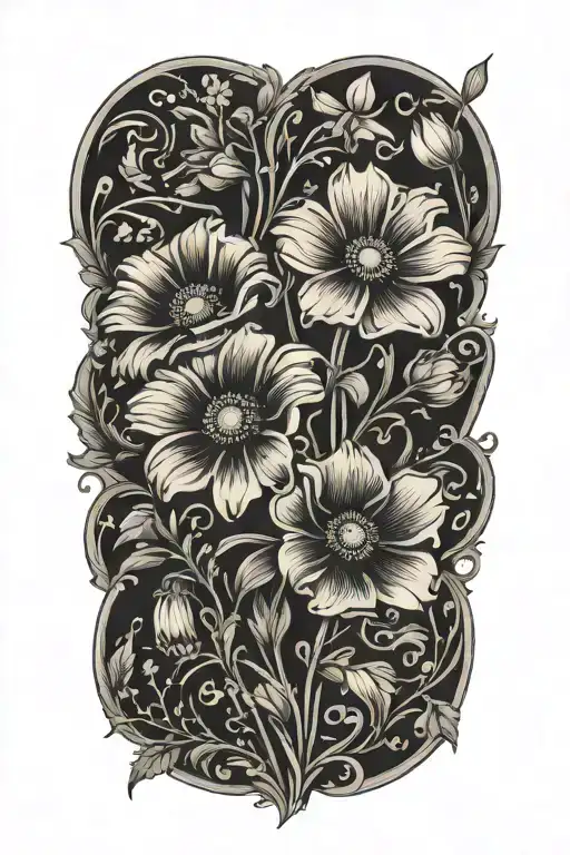 poppy,honeysuckle, larkspur, morning glory, and daisy  tattoo design idea