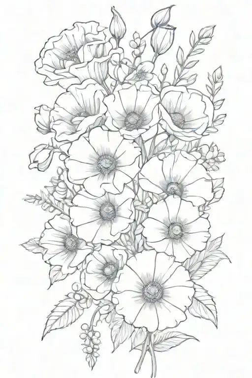 poppy, rose , larkspur, morning glory, and daisy  flower bouquet tattoo design idea
