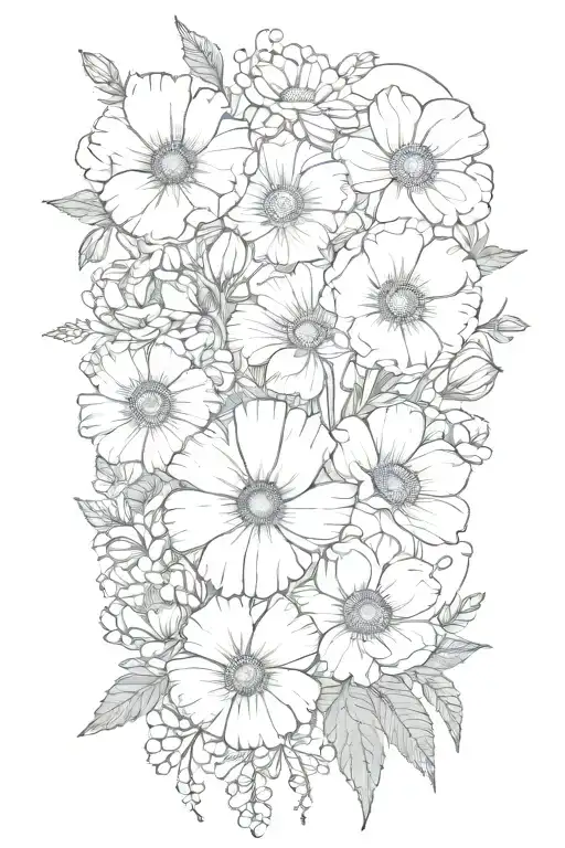 poppy,honeysuckle, larkspur, morning glory, and daisy  flower bouquet tattoo design idea
