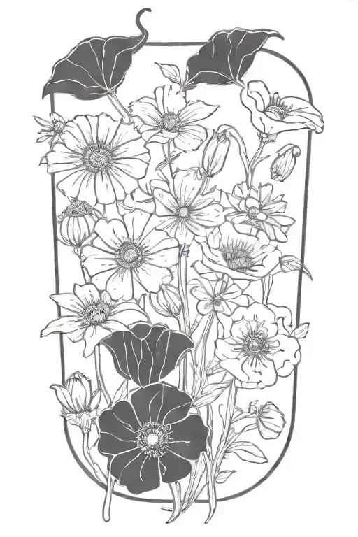 poppy,honeysuckle, larkspur, morning glory, and daisy  tattoo design idea