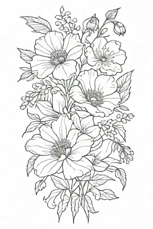poppy,honeysuckle, larkspur, morning glory, and daisy  flower bouquet tattoo design idea