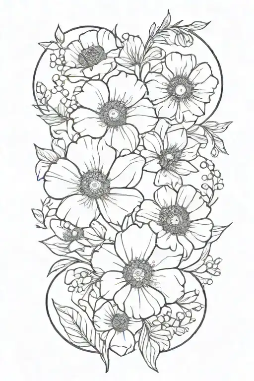 poppy,honeysuckle, larkspur, morning glory, and daisy  flower bouquet tattoo design idea