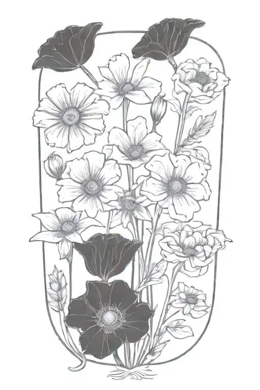 poppy,honeysuckle, larkspur, morning glory, and daisy  tattoo design idea