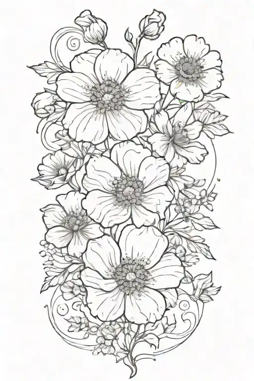 poppy,honeysuckle, larkspur, morning glory, and daisy  flower bouquet tattoo design idea