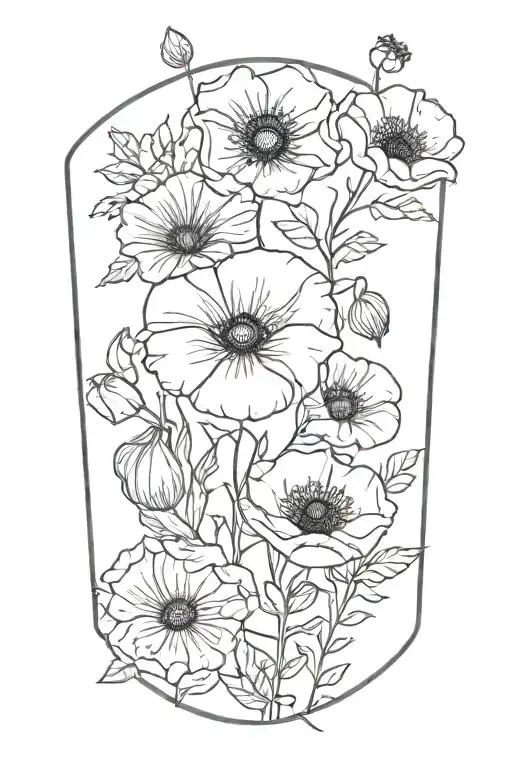 poppy,honeysuckle, larkspur, morning glory, and daisy  tattoo design idea