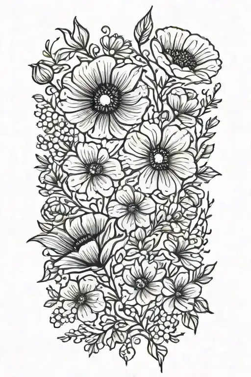 poppy,honeysuckle, larkspur, morning glory, and daisy  tattoo design idea