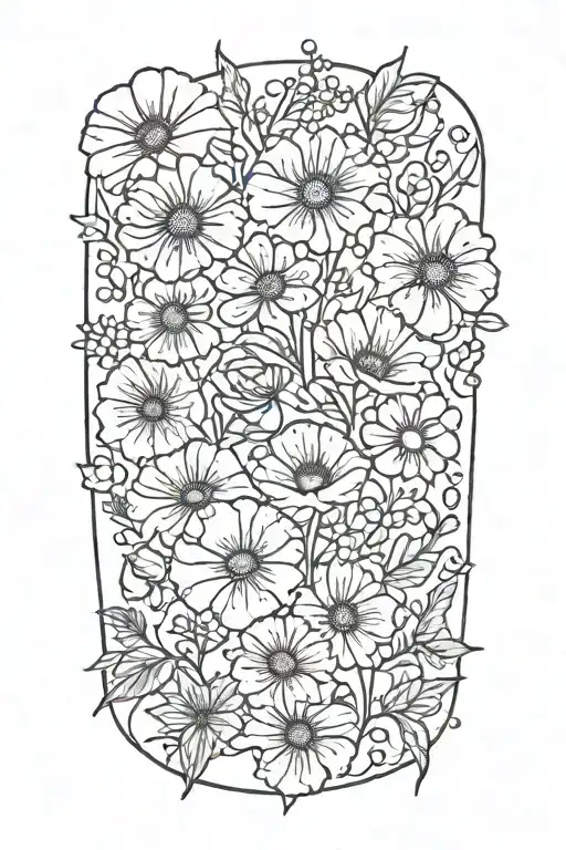 poppy,honeysuckle, larkspur, morning glory, and daisy  tattoo design idea