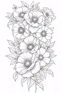 poppy, rose , larkspur, morning glory, and daisy  flower bouquet tattoo design idea