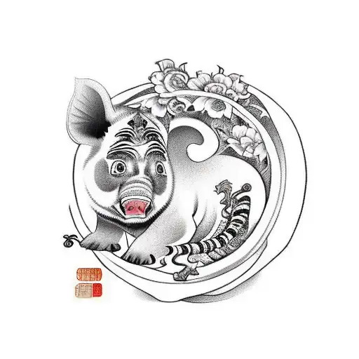 Chinese style flowers with a  pig, a horse, a tiger and a rat tattoo design idea