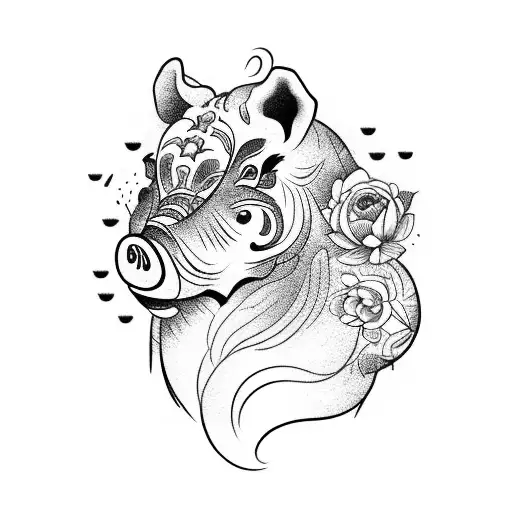 Chinese style flowers with a  pig, a horse, a tiger and a rat tattoo design idea