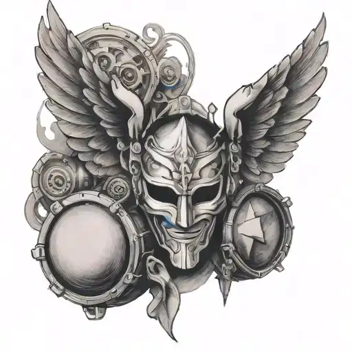 A black-grey tattoo of a theater mask with wings resembling a pilot's badge, surrounded by drum symbols tattoo design idea