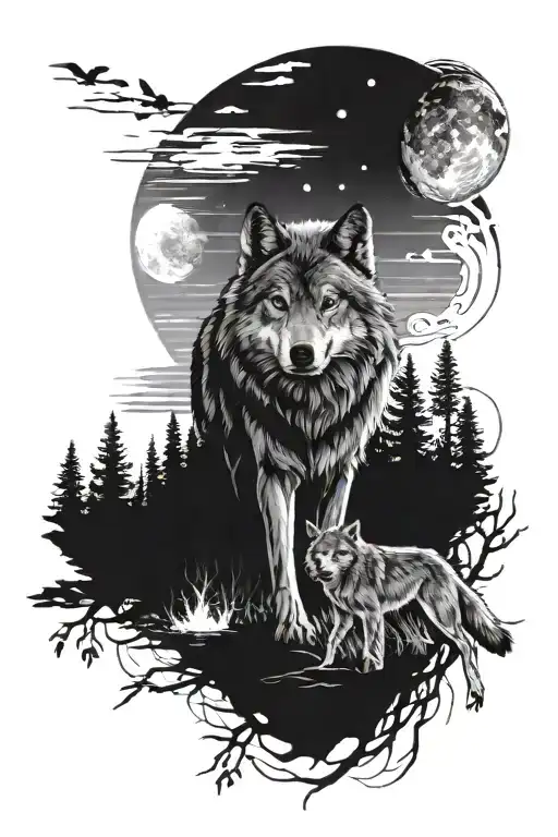 An outdoor scene with a wolf hunting in the wilderness, incorporating elements of science and space tattoo design idea