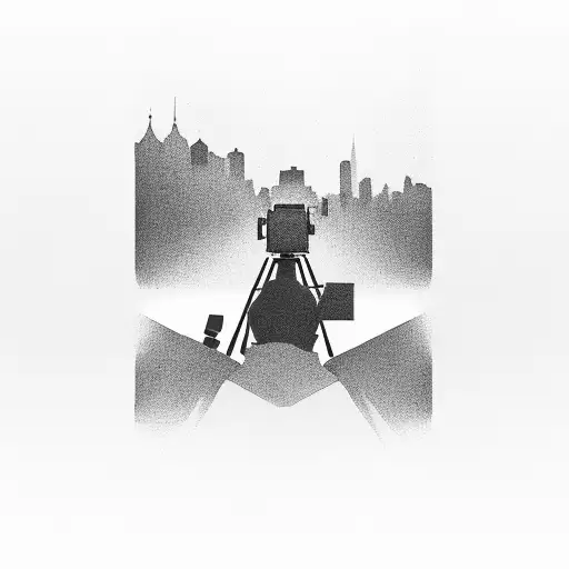 A silhouette of a photographer capturing a concert moment, with camera parts forming the skyline tattoo design idea