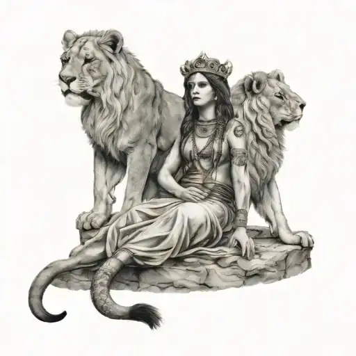 the goddess Cybele sitting with her lions tattoo design idea