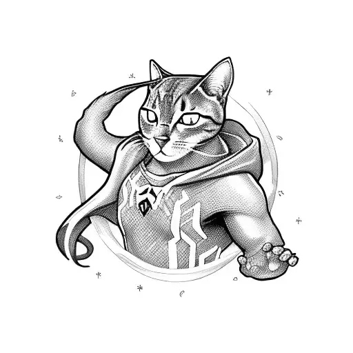 A mystical blackwork tattoo featuring a cat and spiderman in a gaming-inspired scene tattoo design idea