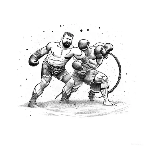 A tattoo design of a country scene with a wrestler and boxer engaging in combat, with a sketchy style tattoo design idea