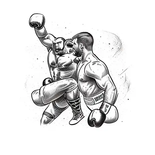 A tattoo design of a country scene with a wrestler and boxer engaging in combat, with a sketchy style tattoo design idea