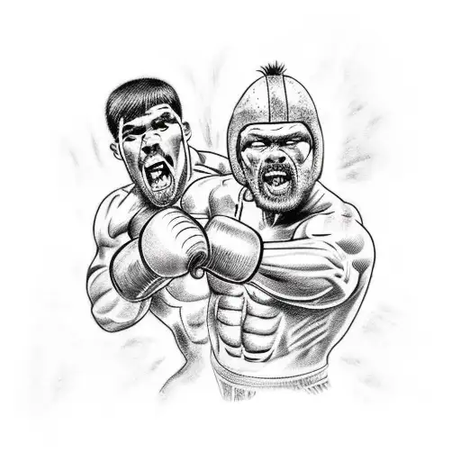 A tattoo design of a country scene with a wrestler and boxer engaging in combat, with a sketchy style tattoo design idea