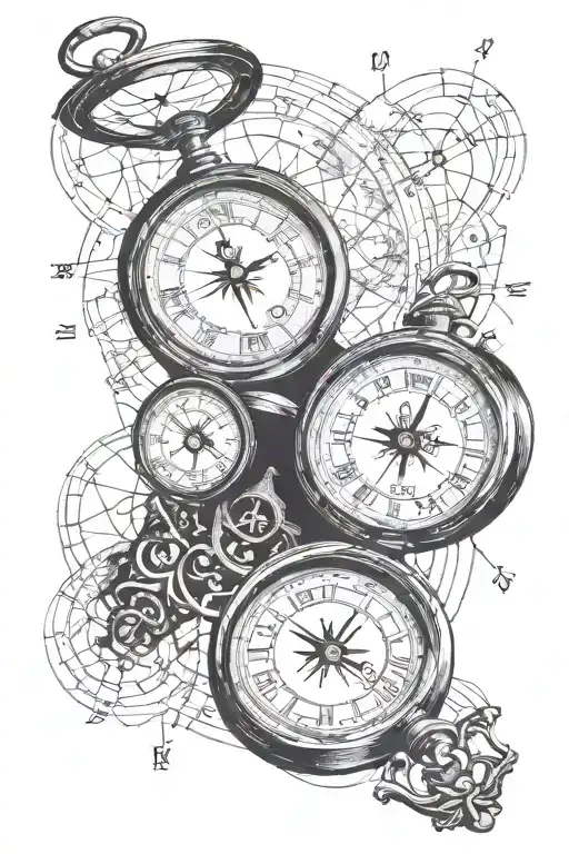 old clock and compass with map behind and date in Roman numerals forearm tattoo tattoo design idea