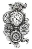 Pocket watch showing gears with compass with map behind and date in Roman numerals forearm tattoo tattoo design idea