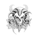 Half sleeve featuring ram skulls, roses, feathers and smoke. tattoo design idea