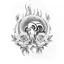 Half sleeve featuring ram skulls, roses, feathers and smoke. tattoo design idea