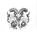 Half sleeve featuring ram skulls, roses, feathers and smoke. tattoo design idea