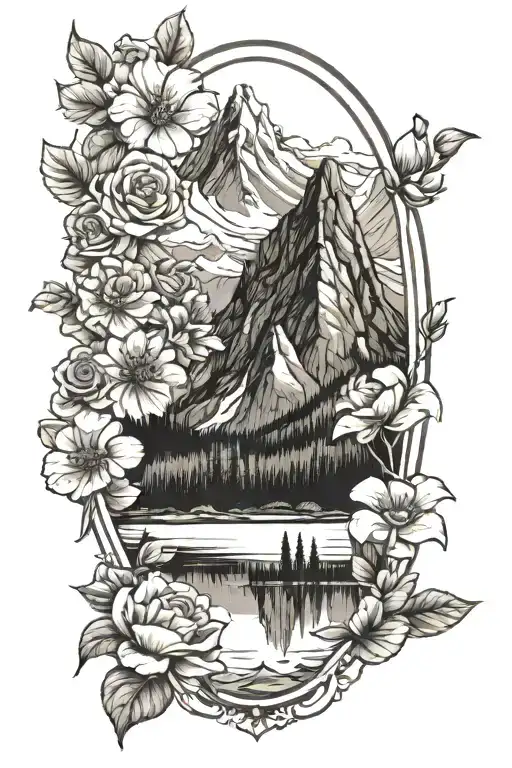 mountain peak and lake in surrounded by frame with flowers tattoo design idea