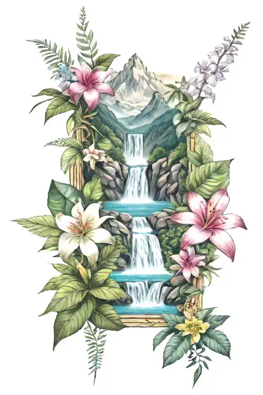 Mountain peaks and waterfall surrounded by tropical flowers tattoo design idea