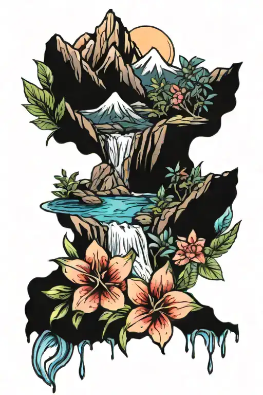 Mountain peaks and small waterfall surrounded by tropical flowers tattoo design idea
