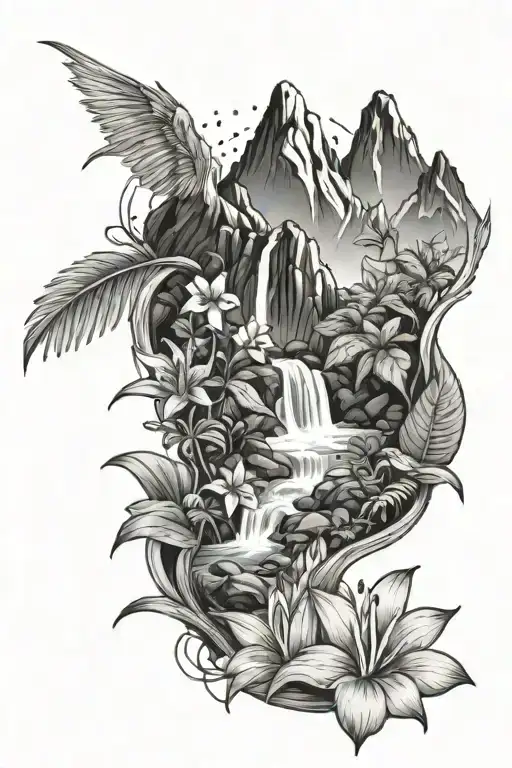 Mountain peaks and small waterfall surrounded by tropical flowers tattoo design idea