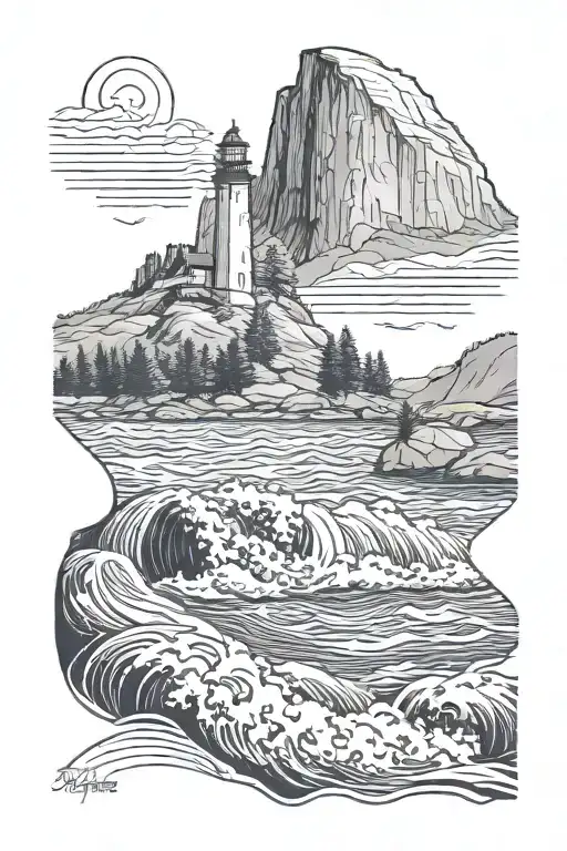 merced river flowing from half dome into waves crashing ocean with lighthouse on the shore tattoo design idea