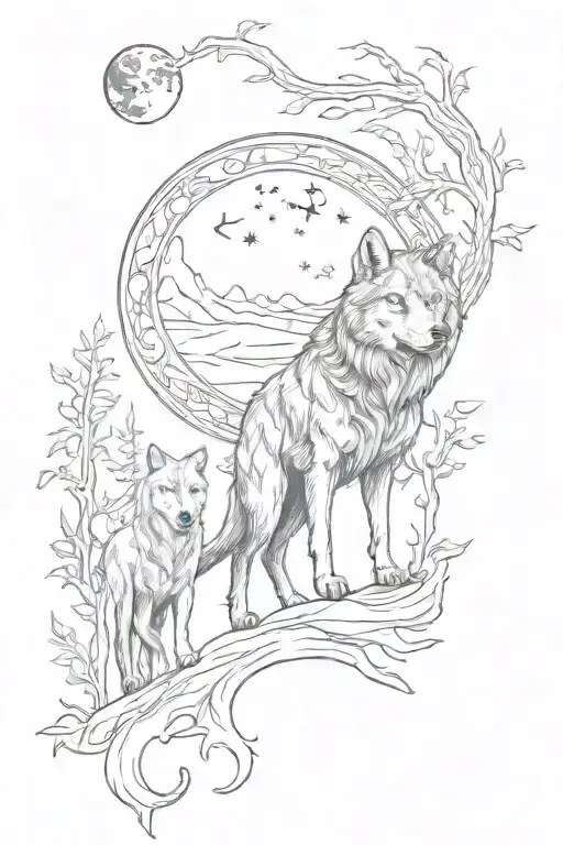 Medieval style, woodlands with wolf and moon with my son's name Morgan tattoo design idea