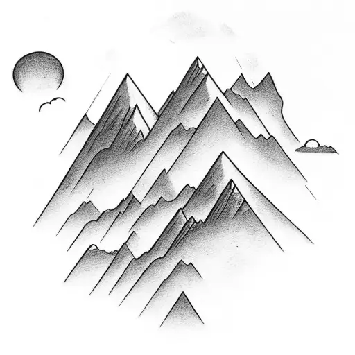 A bookshelf filled with mountains instead of books, with clouds peeking out from the gaps between the mountains tattoo design idea
