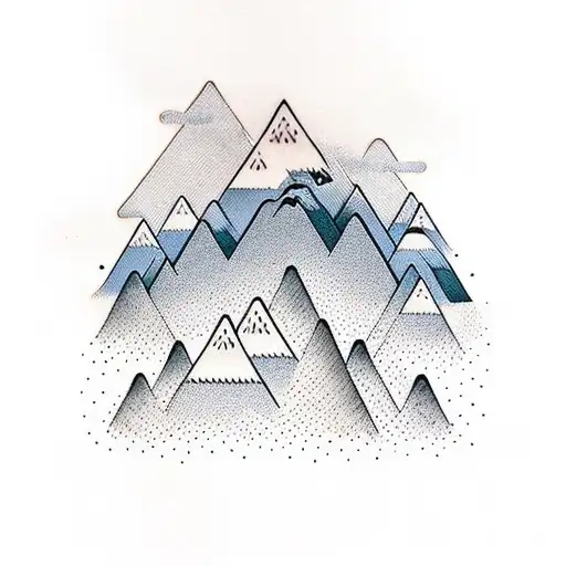 A bookshelf filled with mountains instead of books, with clouds peeking out from the gaps between the mountains tattoo design idea