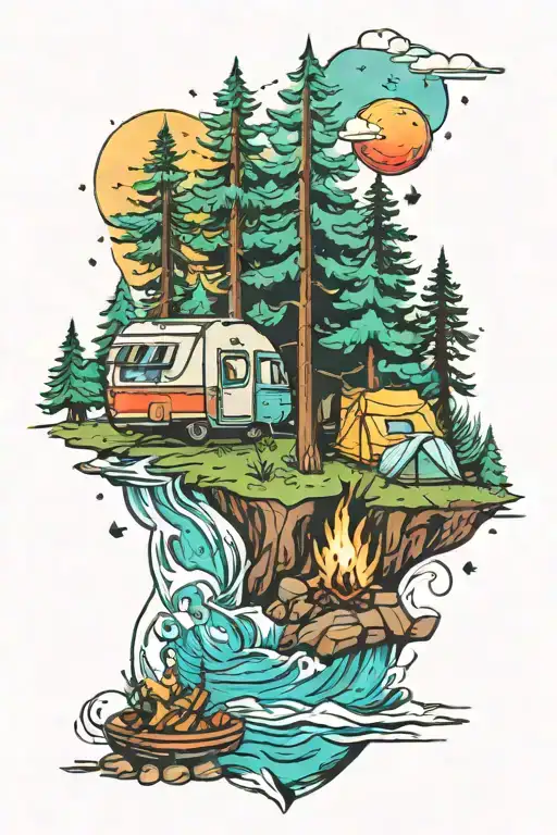 colorful leg tattoo, camping, water, bonfire, trees, small camper, mountains, compass tattoo design idea