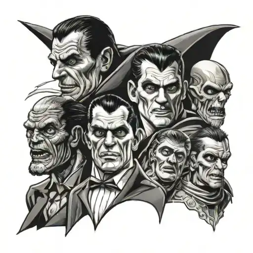 classic dracula, mummy, werewolf, creature from the black lagoon, Frankenstein collage scary tattoo design idea