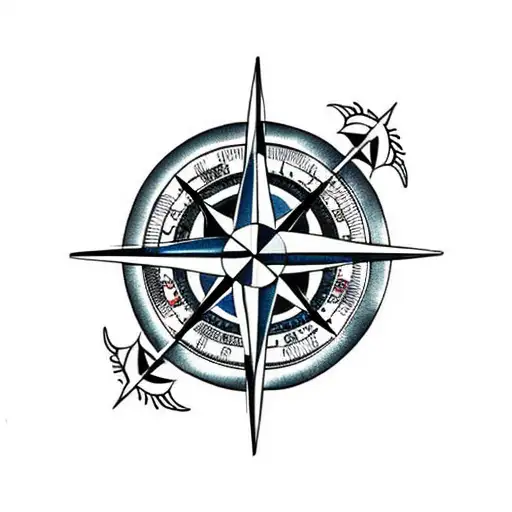 compass with flowers and Japanese waves tattoo design idea