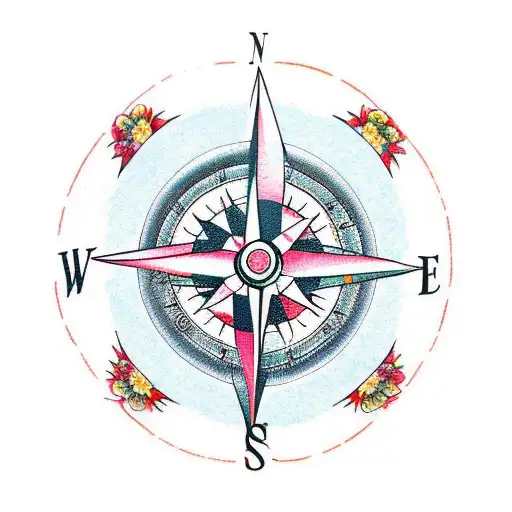 compass with flowers and Japanese waves tattoo design idea