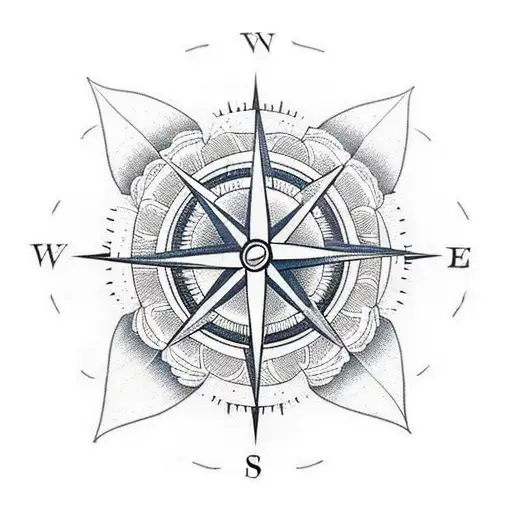 compass with flowers and Japanese waves tattoo design idea