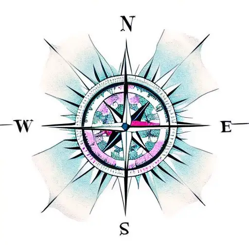 compass with flowers and Japanese waves tattoo design idea