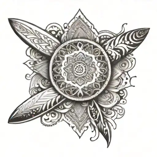 An intricate mandala design incorporating surfboards and waves tattoo design idea